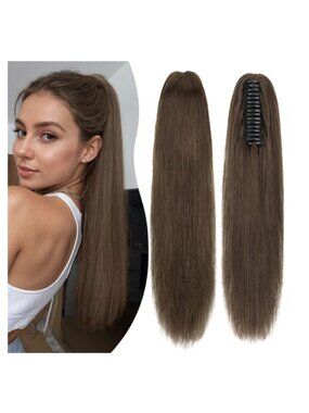 18" Chocolate Brown Real Human Hair Claw Clip Extension, Brunette Ponytail